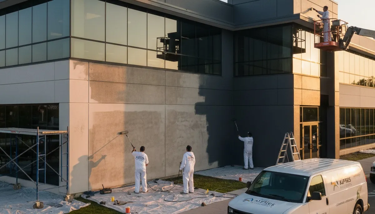 Professional commercial painters finishing exterior building in Newton, MA