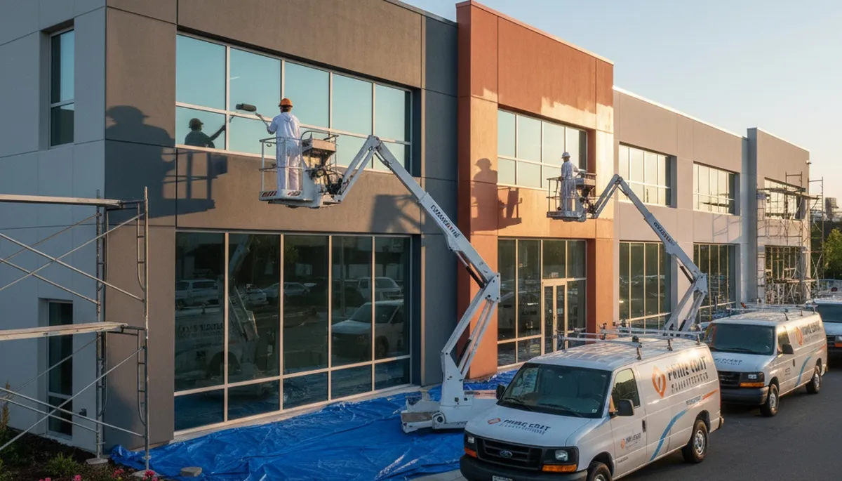 Professional commercial painters coating retail exterior in Newton, MA for durable business finish
