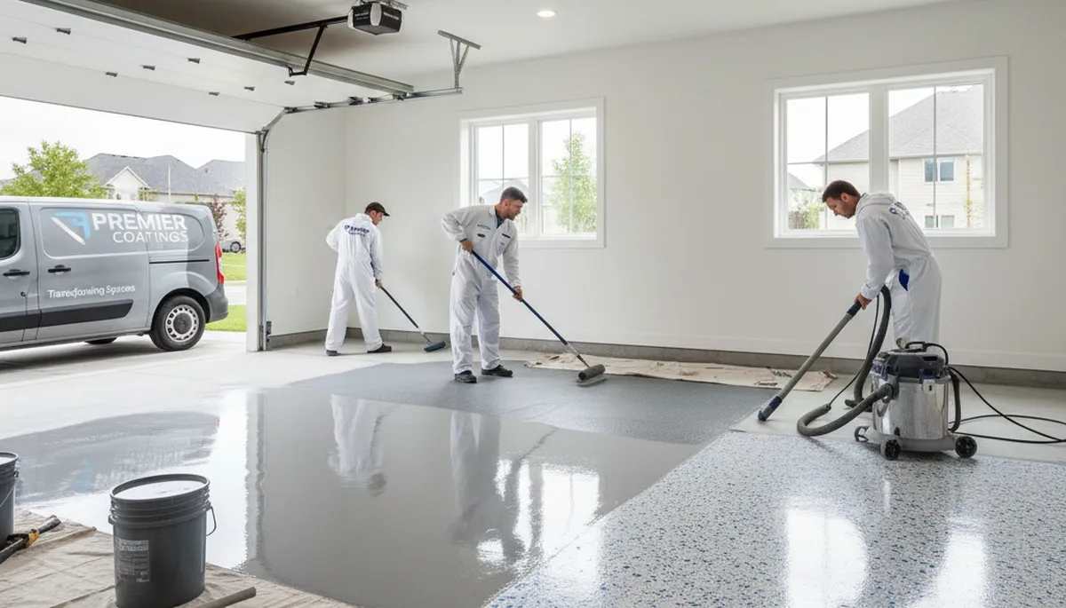 Epoxy garage floor coating in Newton MA with durable high-gloss finish protecting concrete surfaces
