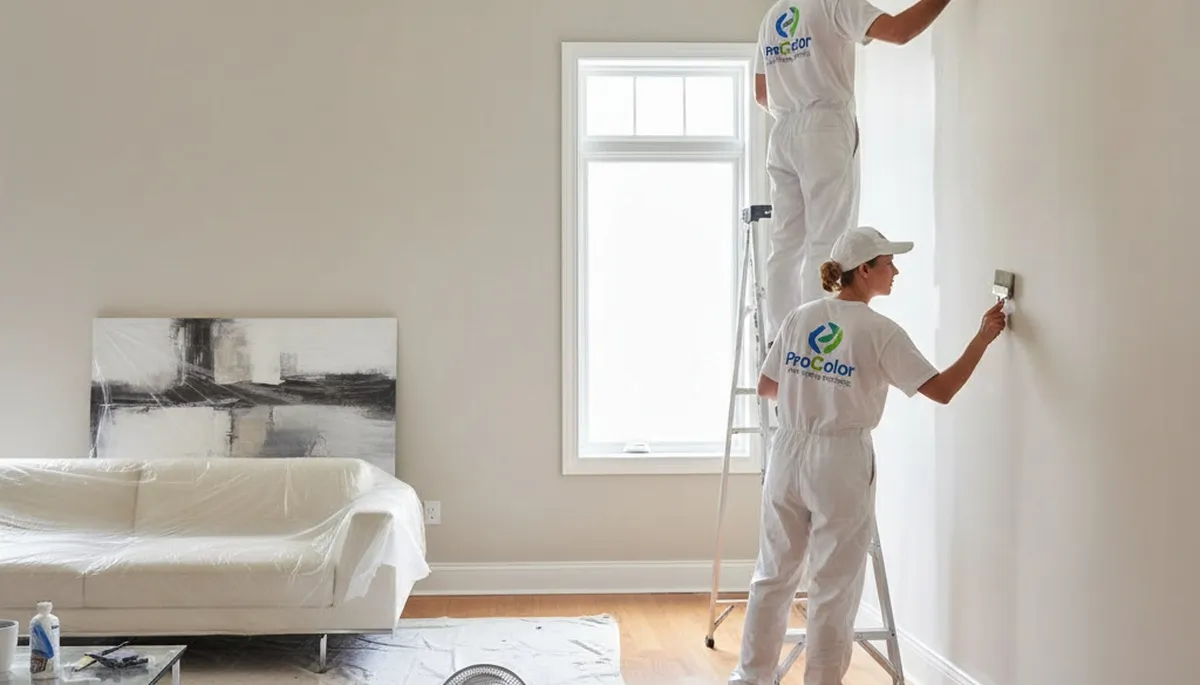 Professional interior house painters transforming a Newton MA living room with expert color finishes